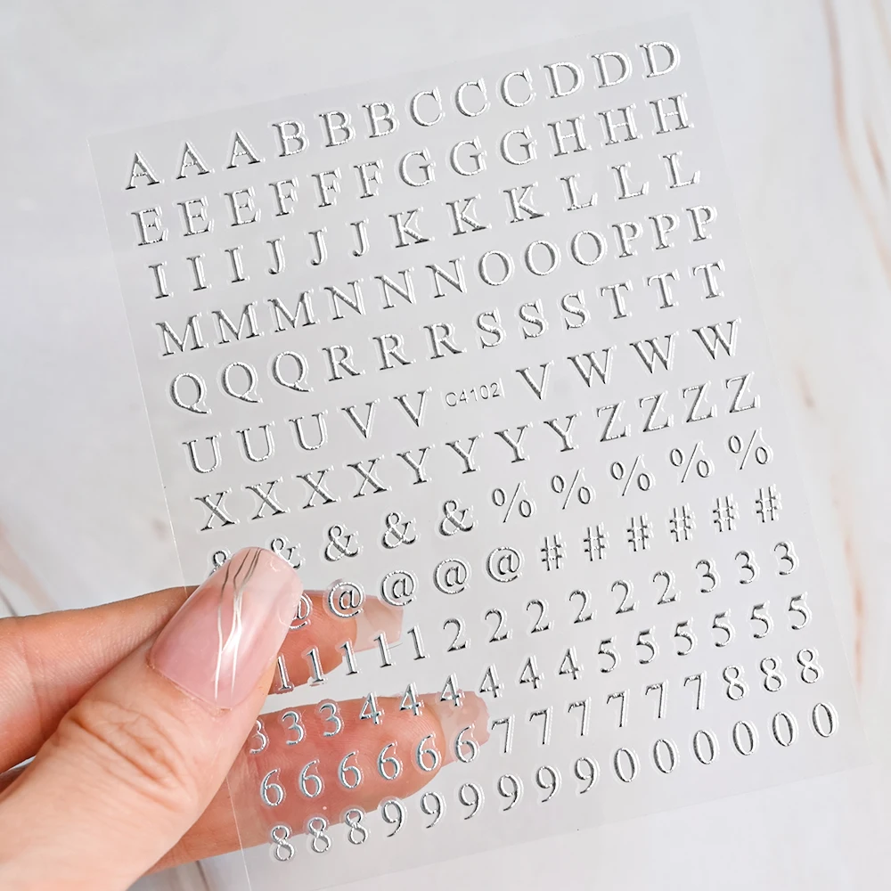 1Pc 3D Black White Small Alphabet Nail Art Sticker Gold Silver Laser English Letter Adhesive Decals DIY Number Manicure Sliders