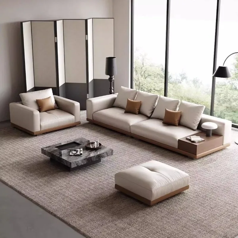 Italian minimalist light luxury leather solid wood sofa villa large flat living straight row modern simple small apartment new