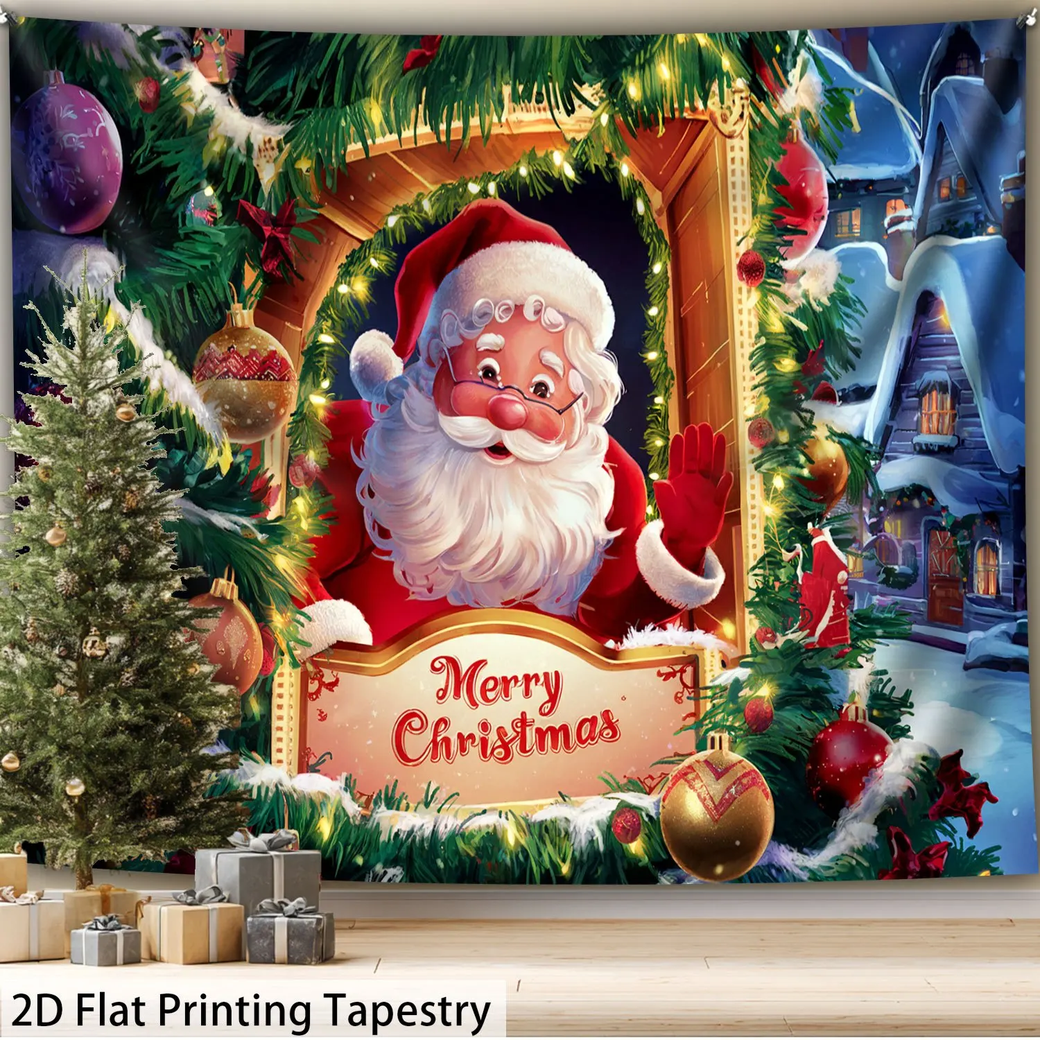 Christmas Tapestry Santa with Wreath, Winter Snow Village Scene Wall Hanging,Merry Christmas Digital Print Decor for Living Room