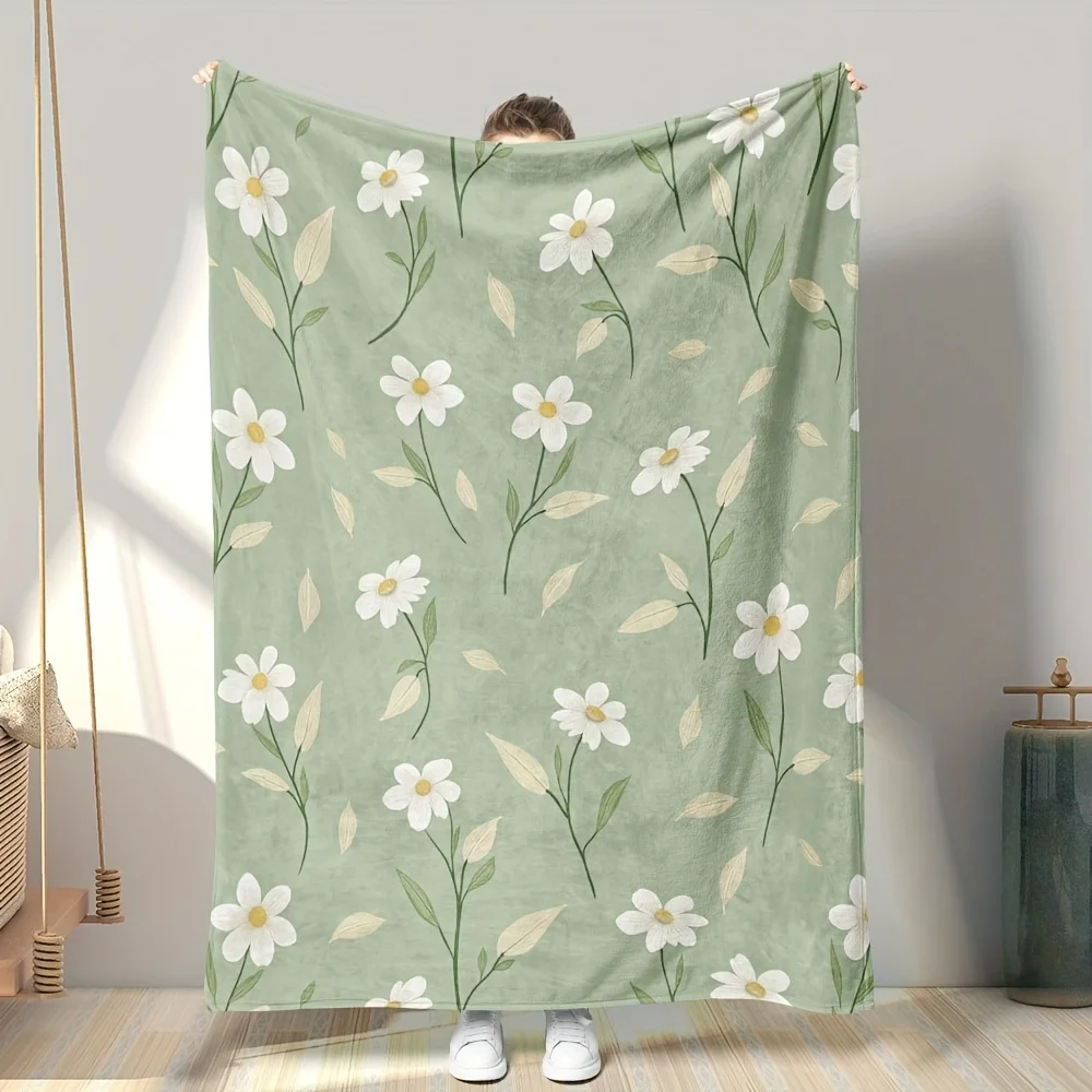 Botanical Floral Daisy Print Throw Blanket Sage Green Nursery Decor Couch Throw Wrap Summer Spring Living Room Accents