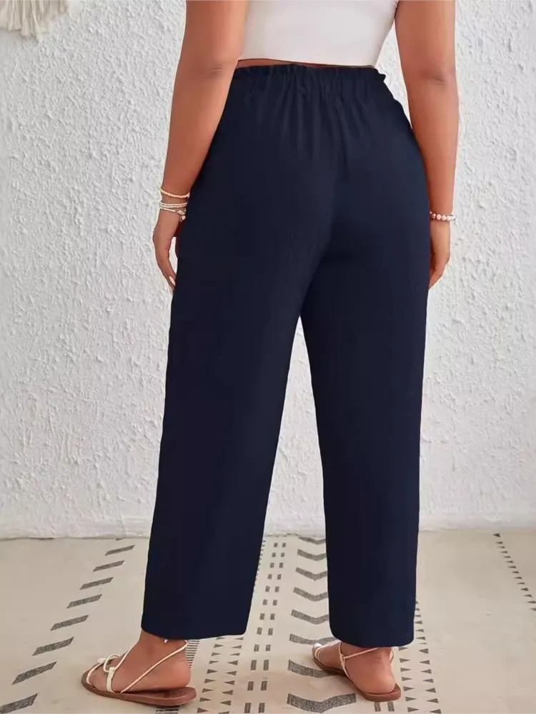 Plissado de perna larga feminina com elástico na cintura alta, calça feminina casual, longa, plus size, moda coreana, outono