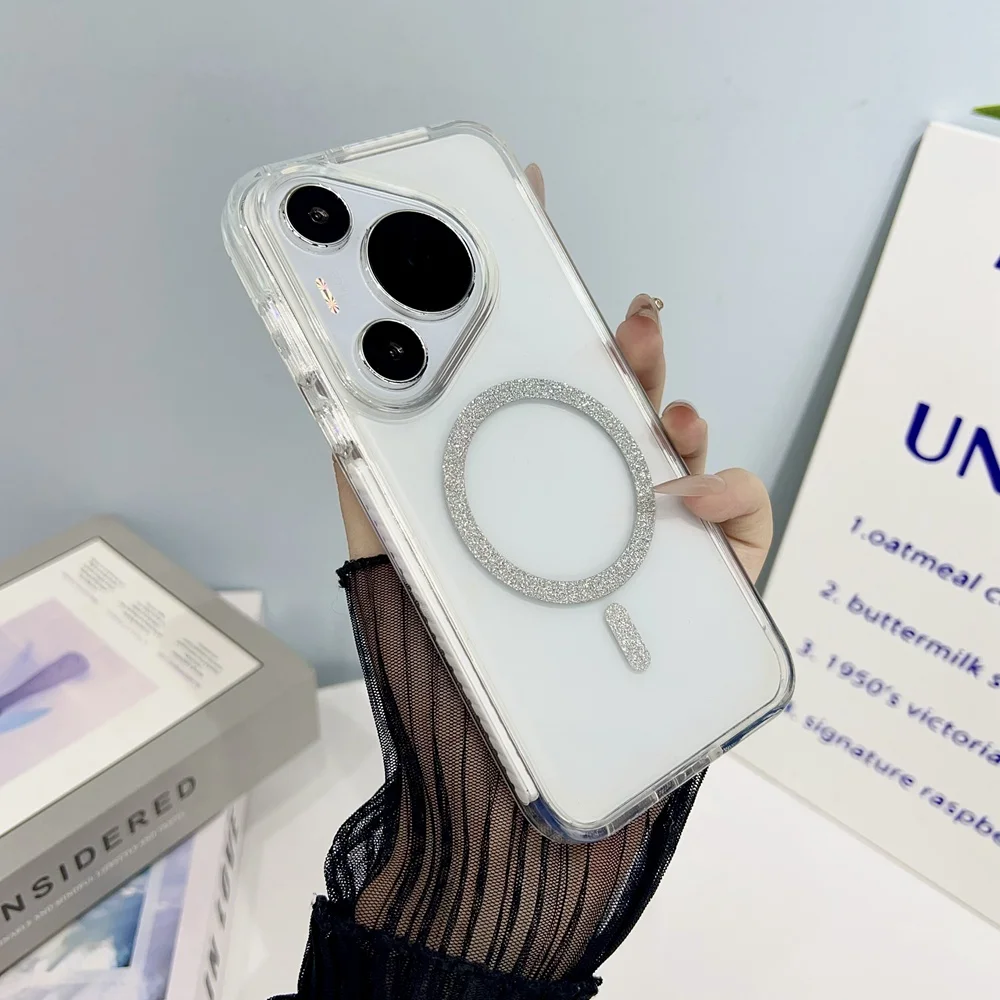 Coque de téléphone à paillettes brillantes, cercle magnétique, pour Huawei Pura 70 Mate 70 Pro, cadre arrière en acrylique Transparent en TPU, couverture Magsafe