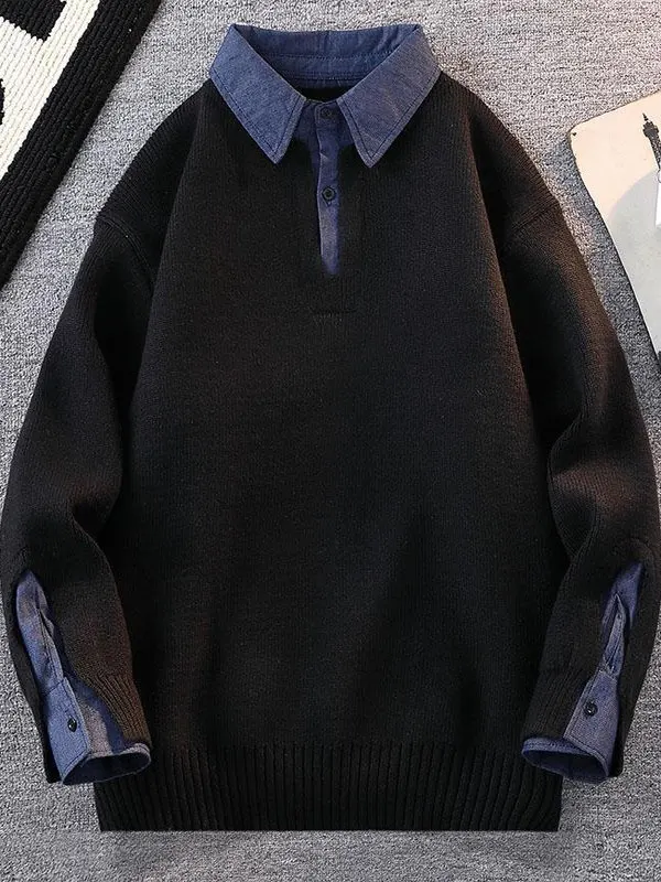 

Casual Men's Knitted irt Sweater Patchwork Warmth Autumn Winter New Sle Fake Two-Piece Polyester Fiber Long Sve Collar