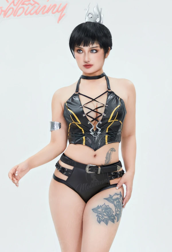 

MOBBUNNY Shadow Derivative Sexy Lingerie Set Bandage Halter Top and Cutout Shorts with Arm Ring Belt Cosplay Costume