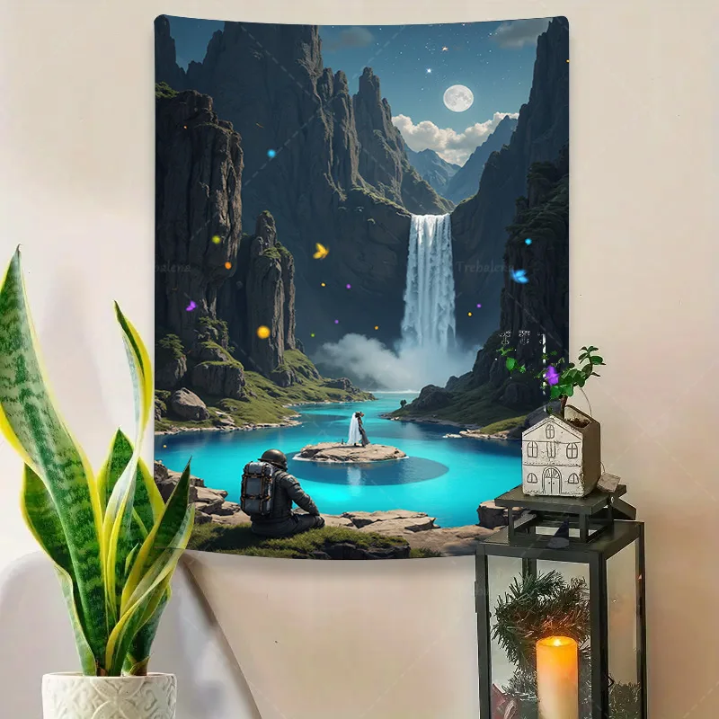 قطعة واحدة من نسيج الحائط "نسيج الشلال المسحور - منظر طبيعي خيالي مع مشهد ليلي بإضاءة القمر" #4