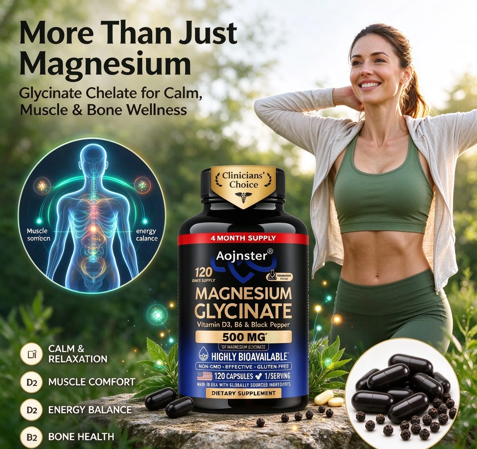 Magnesium Glycinate Capsules with Vitamin D3, B6 & Black Pepper, High Bioavailability, Non-GMO Gluten Free, 120 Capsules