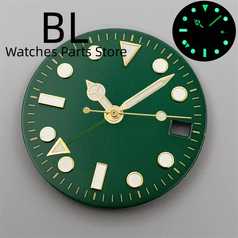 BLIGER 29mm GMT Watch Dial And  Gold Hands With Gold GMT Text Gold Index Green Luminous For NH34 Movement Black Green White Blue