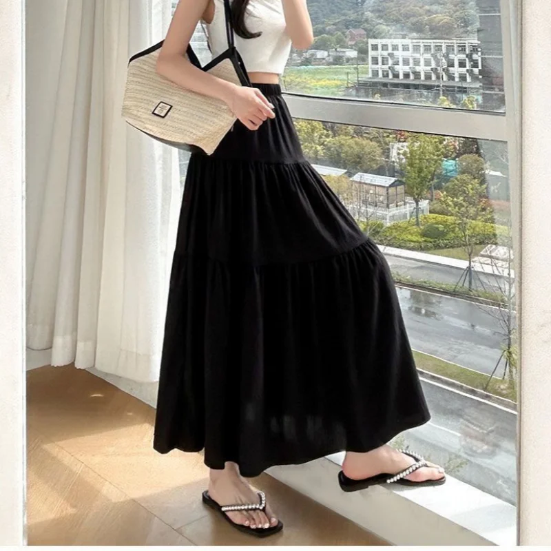 أنيقة الصلبة ألف خط كعكة التنانير الطويلة أزياء المرأة خمر عالية الخصر مطاطا الربيع فساتين مكتب سيدة تخفيف تنورة أنيقة