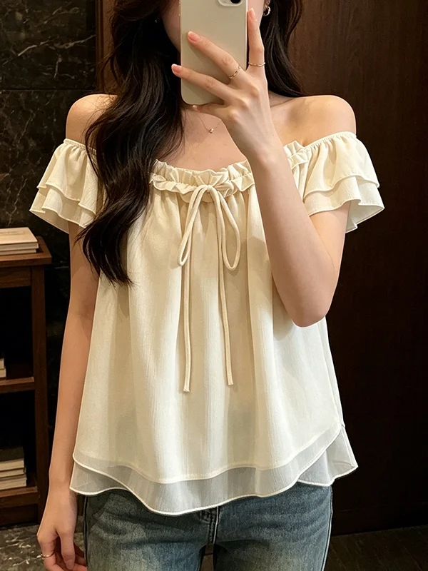 

plus Size Women's Fashionable 3D Lace Trim Shirt Summer 2026 Korean Style Fly Sleeve Slimming Versatile Top Commute Style