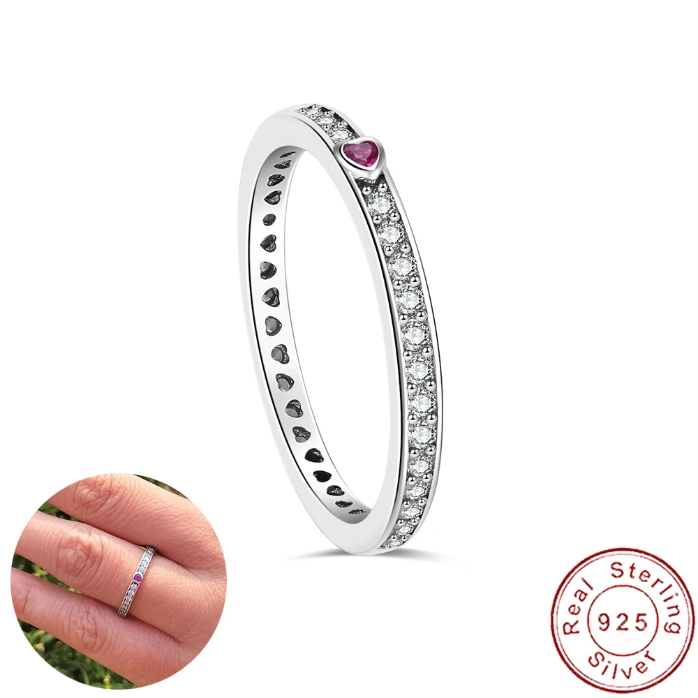 European Sparkling AAA CZ S925 Sterling Silver Red Heart Finger Ring For Women Birthday Party Wedding Gift Jewelry