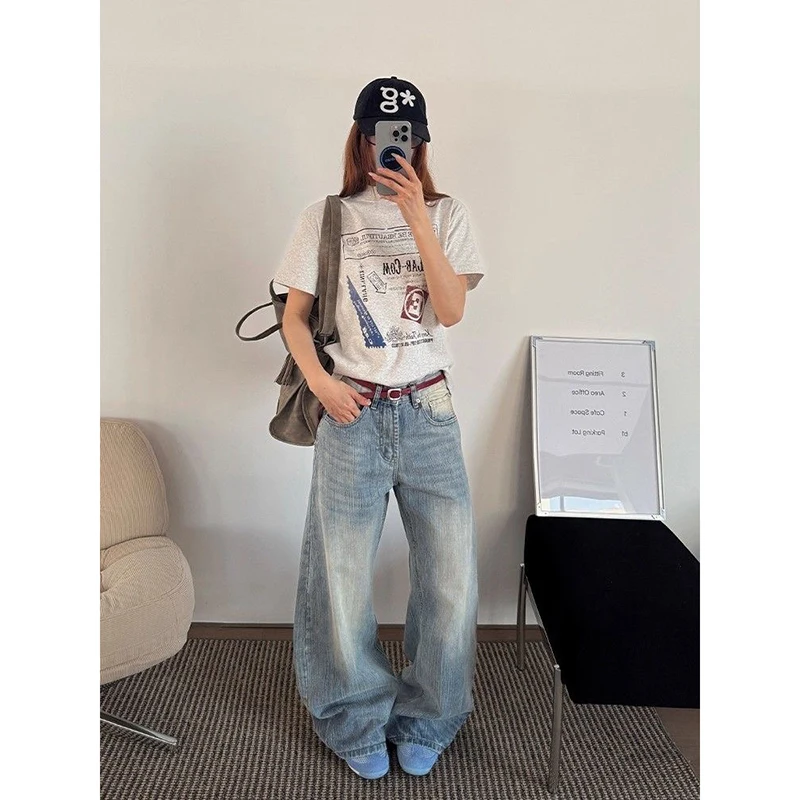 ZHIZOU, pantalones vaqueros informales azules para mujer, pantalones vaqueros holgados estéticos Vintage de cintura alta, pantalones vaqueros Harajuku Y2k Trashy 2000s