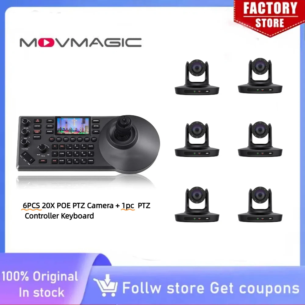 

MOVMAGIC 1-6 шт. PTZ-камеры + 1 шт. комплект управления камерой 4K20X Zoom с 3-дюймовым экраном, NDI, Onvif, PoE, AI-трекинг для конференций и прямых трансляций