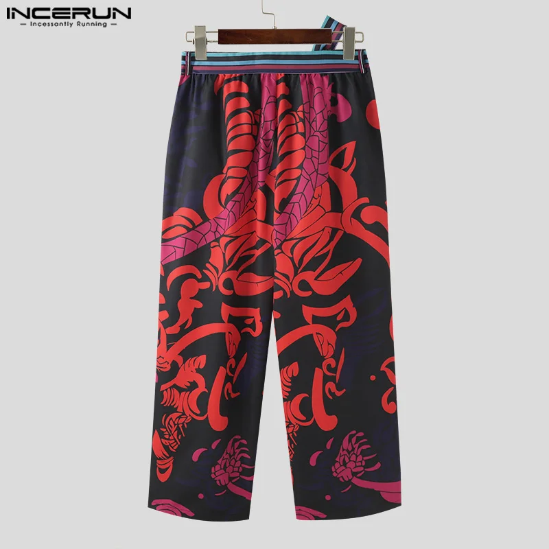 INCERUN 2024 American Style Trousers Fashion Men\'s Personality Floral Print Pant Casual Streetwear Hot Sale Belt Pantalons S-5XL