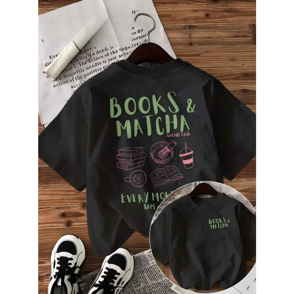 Vintage Matcha Tea And Books T-Shirt Every Morning 8AM Graphic Tee Summer Short Sleeve Cute Art Print Casual Fashion Unisex Tops