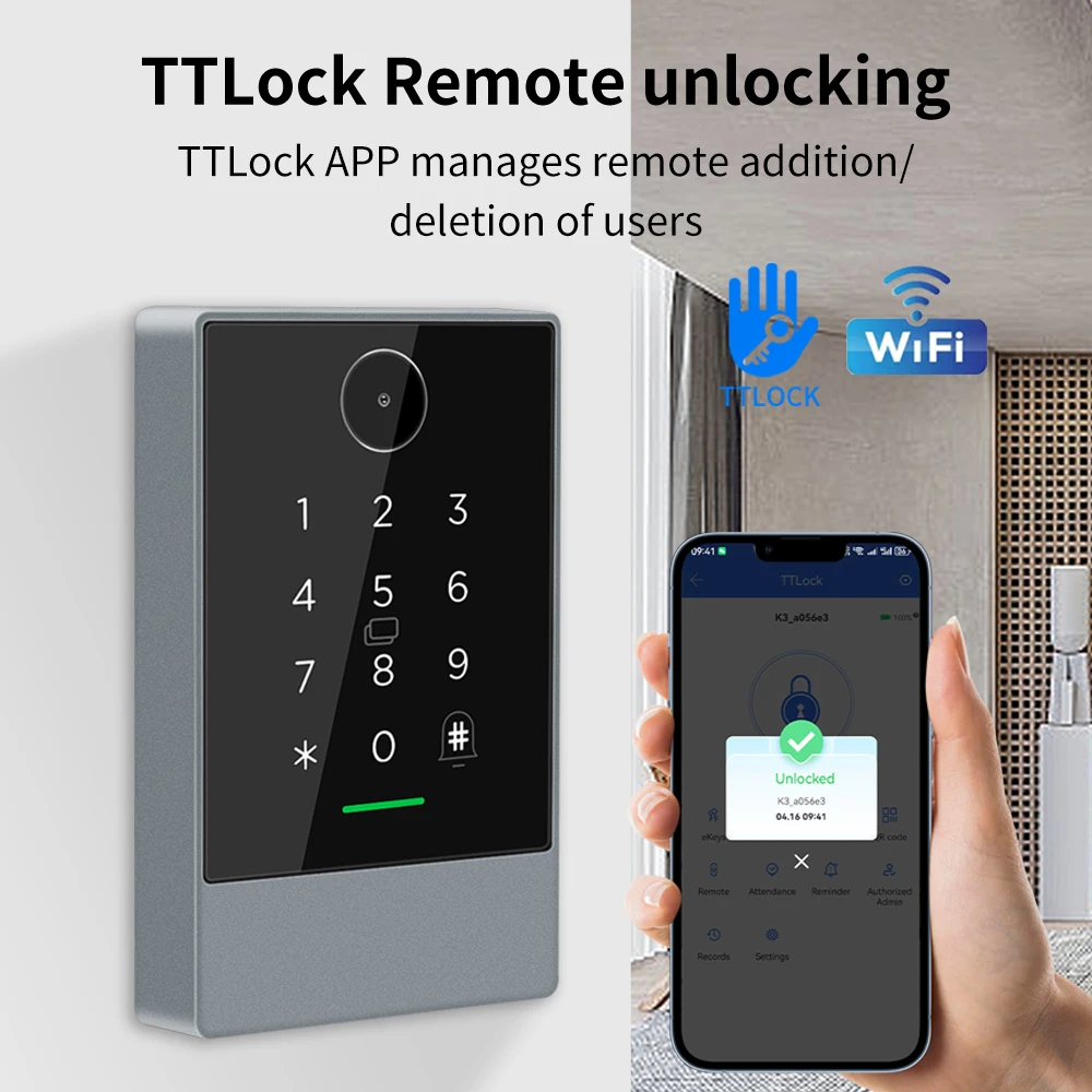 Ttlock app wifi desbloquear ip67 à prova dip67 água rfid leitor de código de barras 2d qr código teclado controle acesso 13.56mhz k3qw + g2 gateway wifi conn