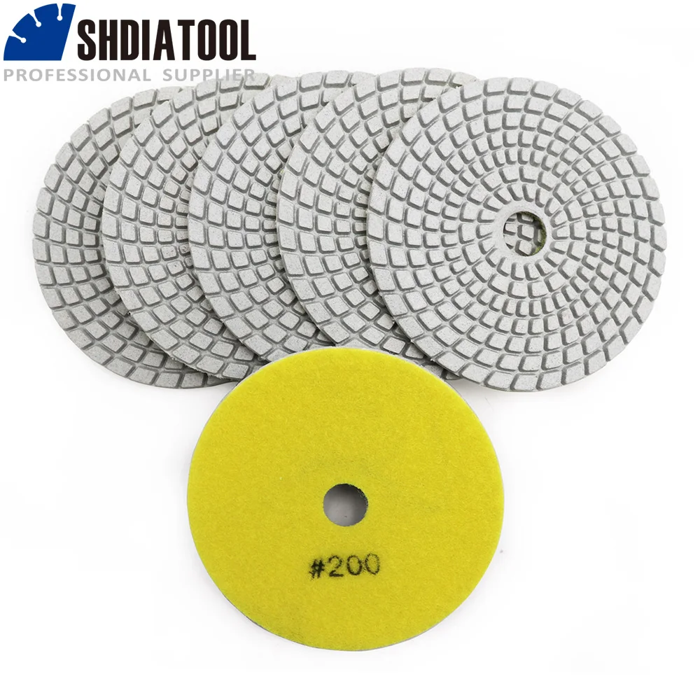 

SHDIATOOL 6pcs 4" #200 Diamond Flexible Wet Polishing Pads For Stone Ceramic Tile White Bond Stone Sanding Discs Diameter 100mm