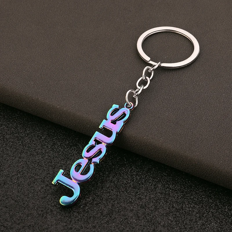 Colorful Letter Jesus Key Ring Metal Alloy Cross Key Chain Hat Bag Accessories Religion Faith Jewelry