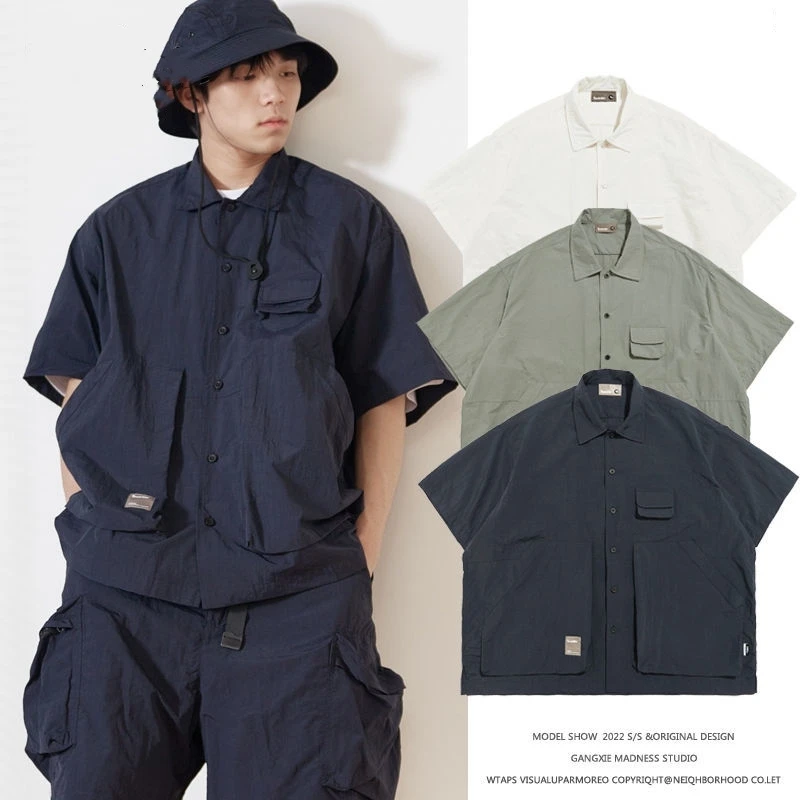 

Loose Fit Japanese Sle y ort Sve irt Men's Summer Trendy Brand Pure Color Multi ket Workwear Functional irt