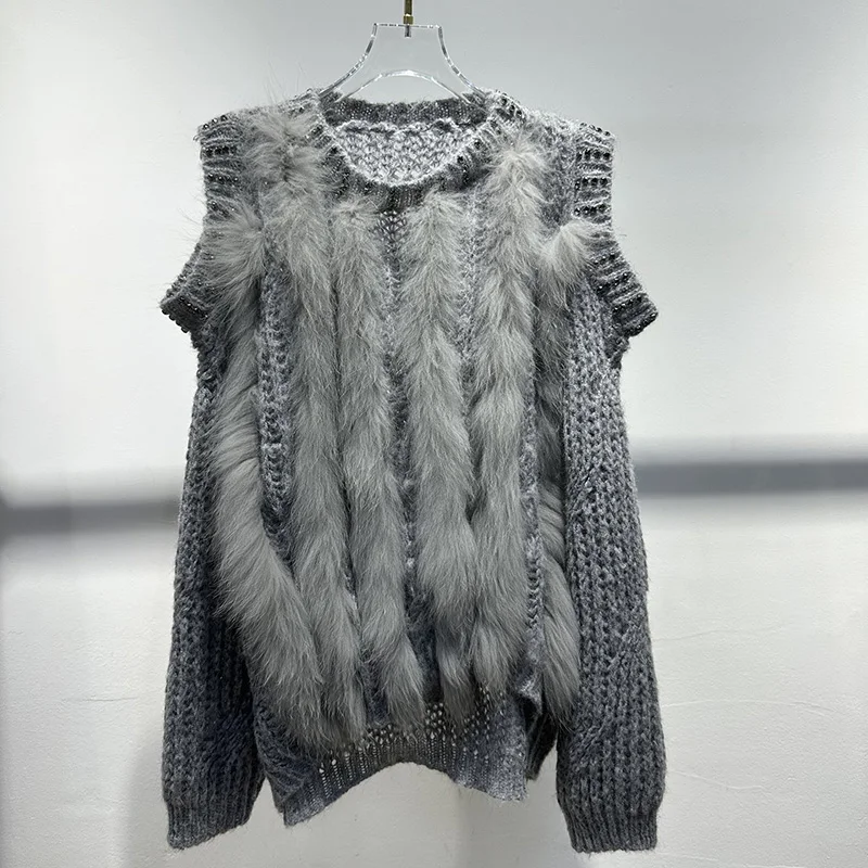 2024 New Women Autumn Hole Shoulder Knitted Pullover With Fox Fur Trim Casual Female Long Sleeve Of Shoulder Pull Jumper