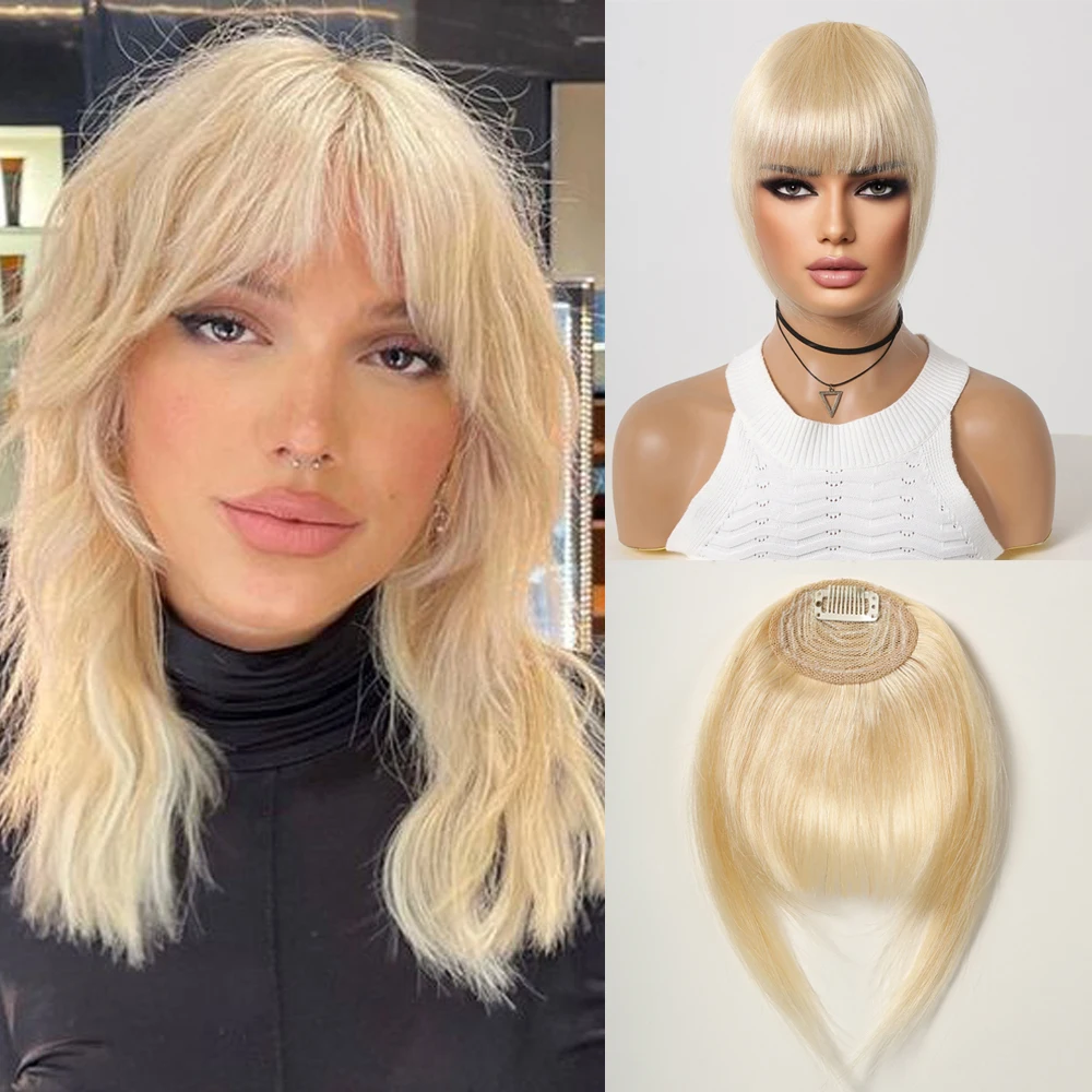 Blonde Bangs Hair 100% Real Human Hair Wispy Bangs Fringe with Temples Hairpieces for Women Clip on Air Bangs Hair Extensions