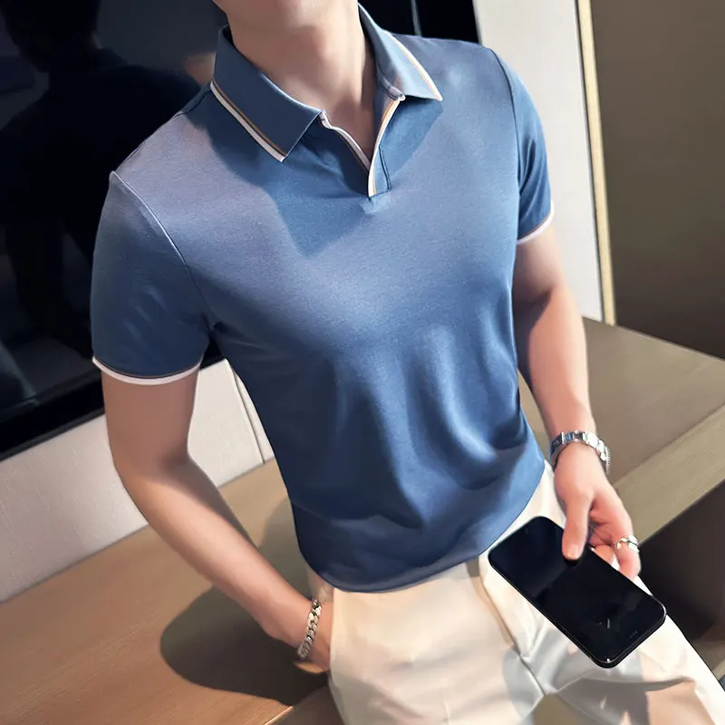 2023 Summer New Style Men\'s Casual Slim Fit Short Sleeve Solid Color POLO Shirt British Slim Lapel Color Blue T-shirt Polo S-4XL