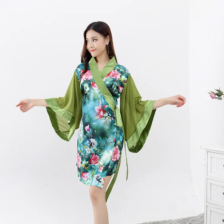 Japanese Style Kimono Femme Sexy Silk Yukata Obi Embroidery Printing Women Tunic Elegant Pajamas Sleepwear Medium and Long Dress