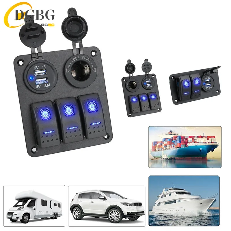 

12V 24V Car Switch Panel 2/3 Gang Waterproof Light Toggle Control Digital Voltmeter Dual USB Chargers Ports Outlet Combination