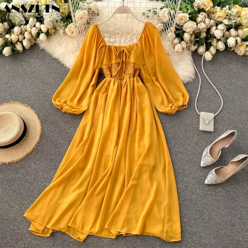 ANSZKTN estilo francés cuello cuadrado Puff manga larga hermoso vestido ahumado gasa Maxi vestidos para mujer señora