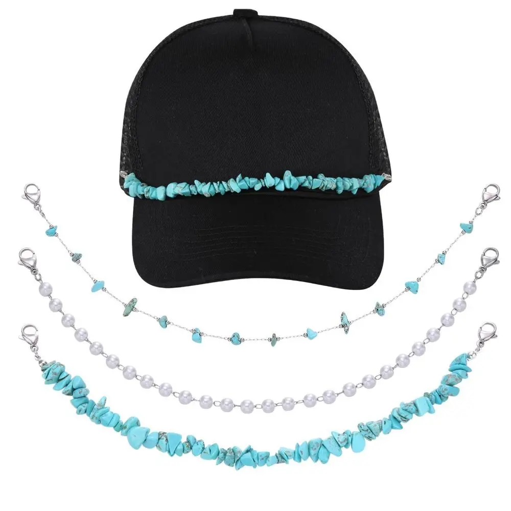 3pcs/Set Pearls Baseball Cap Chain DIY Craft Turquoise Hat Metal Chain Hat Decoration Accessories Detachable