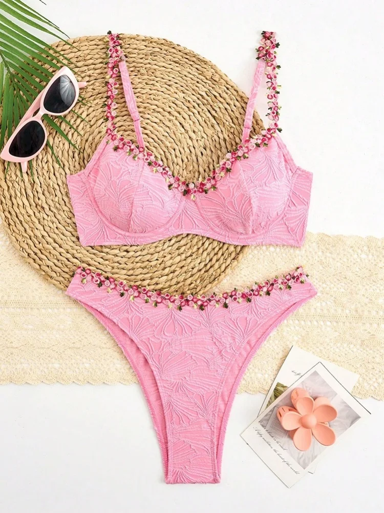 Sexy Pink 3D Flower Bikini Set 2026 Women Halter Push Up Underwire Bra High Waist Swimsuit Summer Bathing Suit Holiday Swimwear