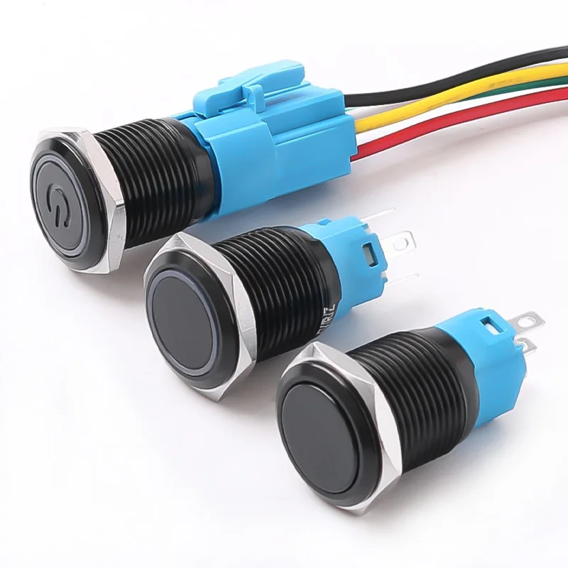 16mm Metal Button Switch Oxidized Black Shell High Head Latching Momentary With Lights 1NO1NC Waterproof Switch