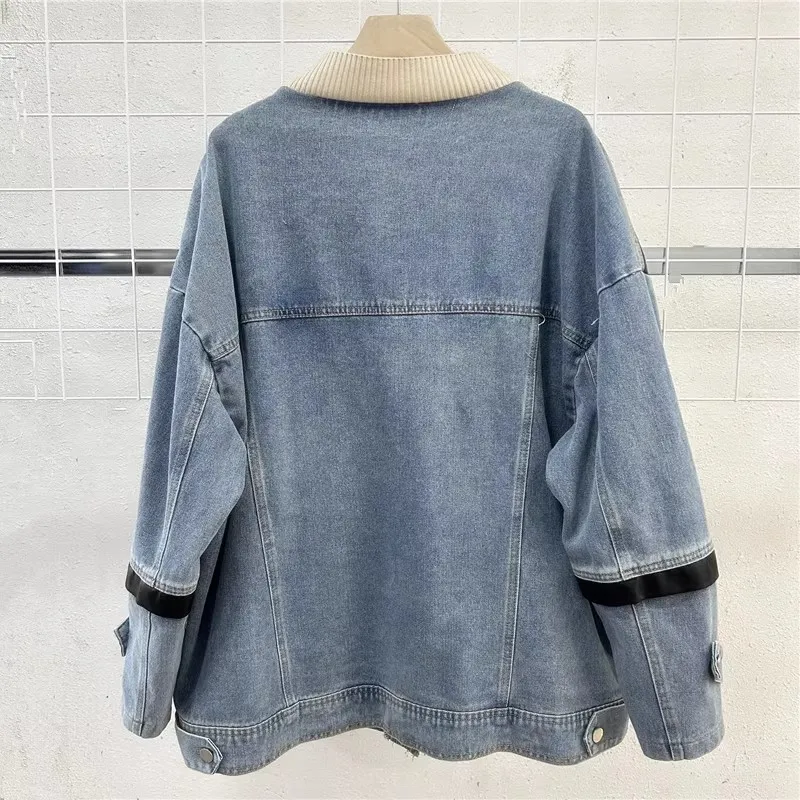 2025 ฤดูใบไม้ผลิใหม่ผู้หญิงสั้น DENIM Coat Patchwork ถัก V คอเดี่ยว Breasted กางเกงยีนส์เสื้อ Causal แขนยาวแฟชั่น T963