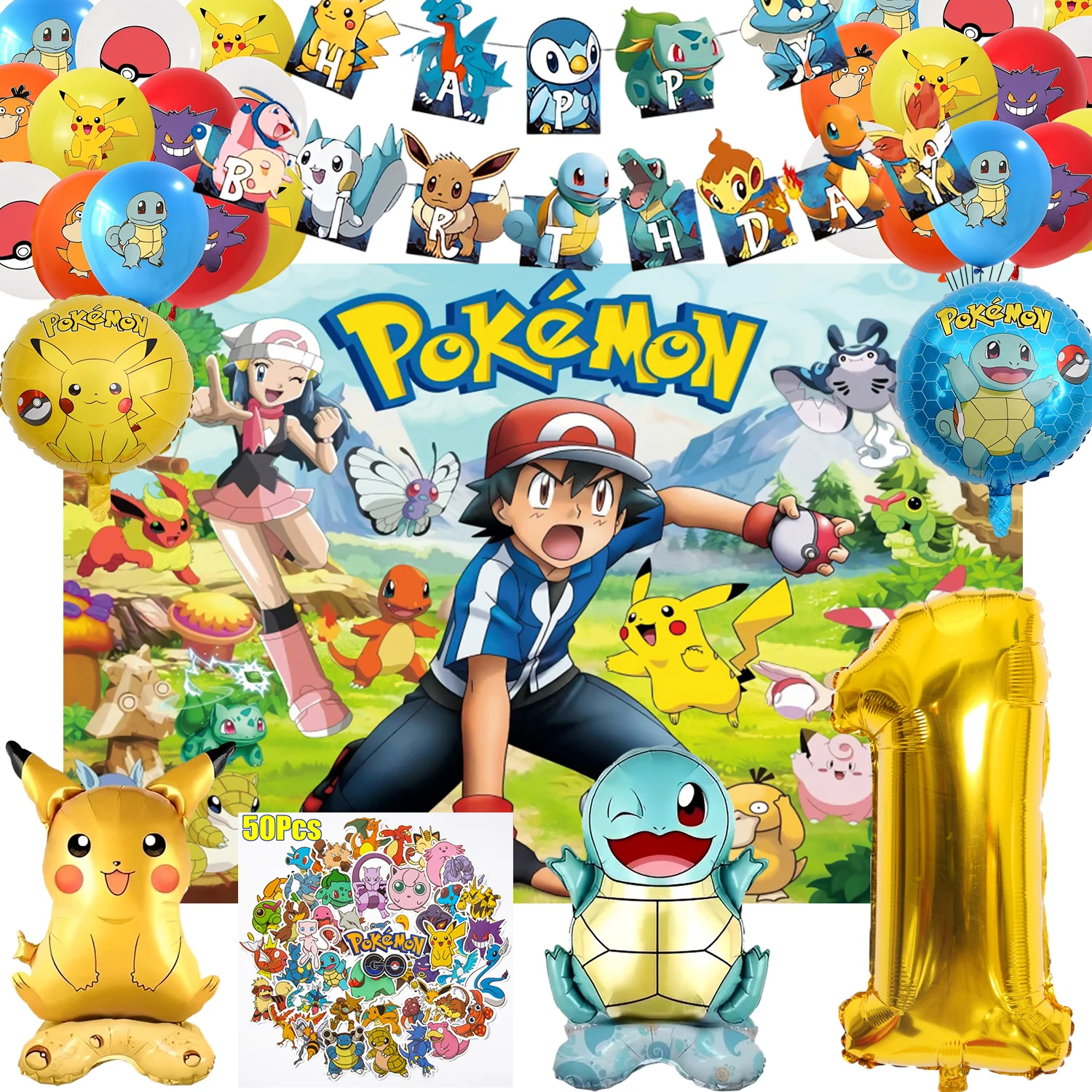 Pokemon Birthday Decorations Pikachu Background cloth, balloon stickers digital balloons 1-9 festival party decorations Supplies