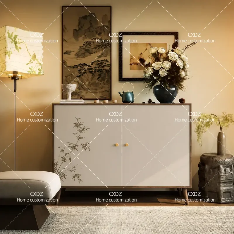 Medieval Style Bamboo Leaf Solid Wood Porch Cabinet Free Installation Storage Cabinet for Living Room Wall Dining Sideboard