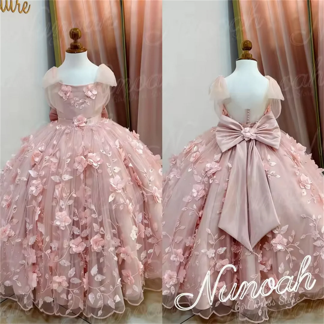 ink Flower Girl Dress For Wedding with 3D Floral Lace Appliques Girl Birthday Party with Bow First Communion Gowns Customized