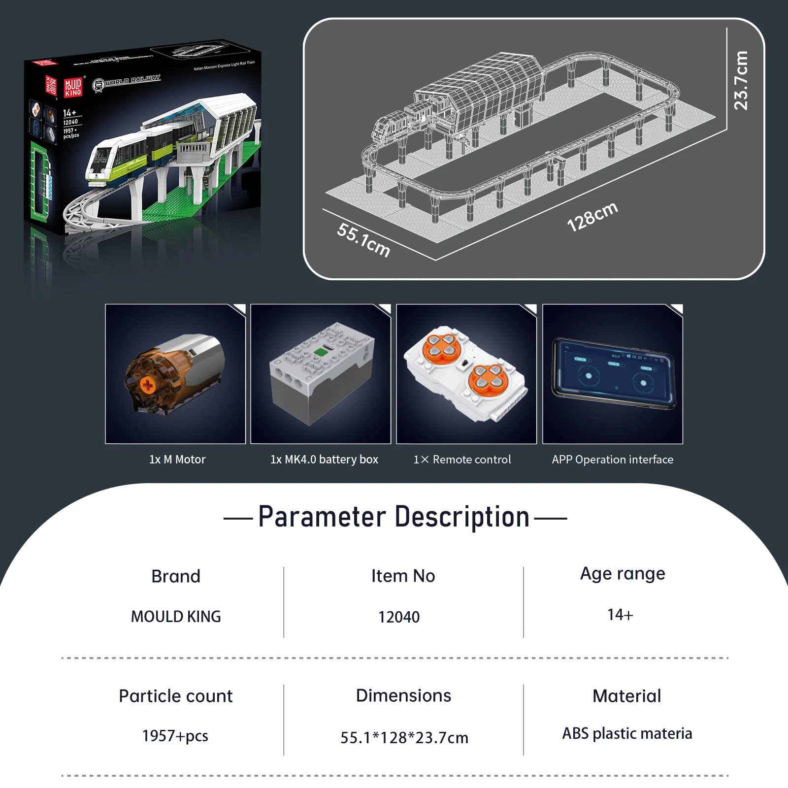Mould King 12040 Railway Model Building Blocks Italian Marconi Express Light Rail Train  APP Remote Control Teen Adult Toy Gifts