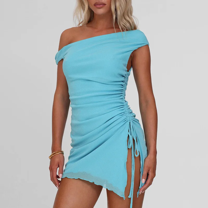 

Summer New Women'S Solid Color Mesh Splicing Slim And Sexy Slanted Shoulder Drawstring Tied Dress