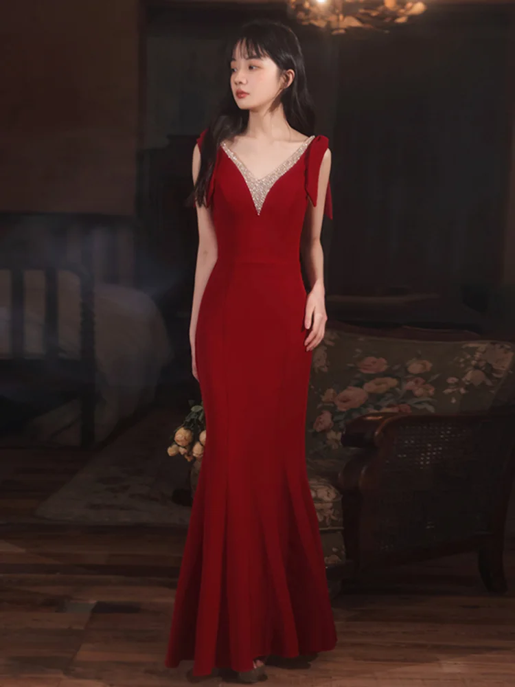 

Ele Slim Fit Red Wedding Dr Evening Gown for Women Pearl Embellied Fi Tail Sle Perfect for Engagement And Banquet