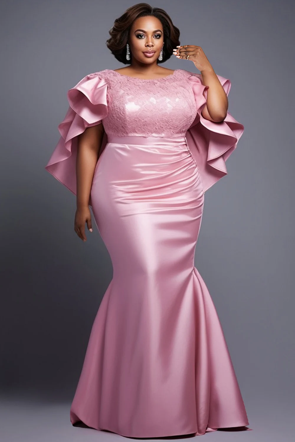 

Plus Size Formal Pink Round Neck Petal Sleeve Mermaid Elegant Ruffle Lace Satin Maxi Dresses