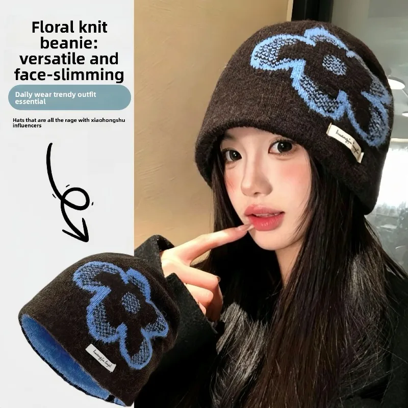 Autumn Winter Thickened Retro Jacquard Ear Flap Knitted Beanie Warm Thermal Soft Slimming Face for Women Korean Style Caps