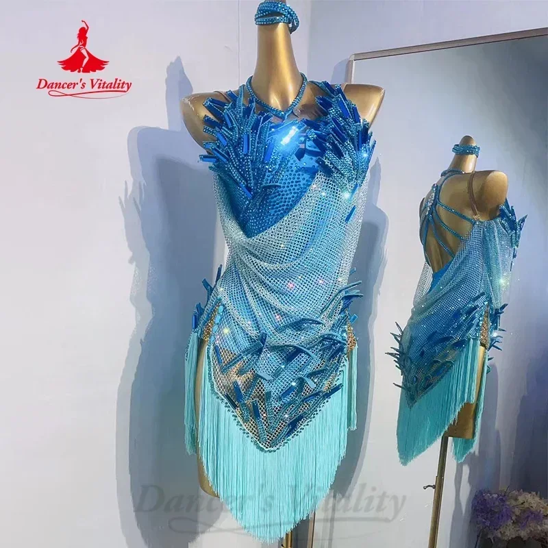 

Женская одежда для латиноамериканских танцев, Эксклюзивное Платье с бахромой и стразами, для взрослых и детей, костюмы для танго, ча-ча, для выступлений