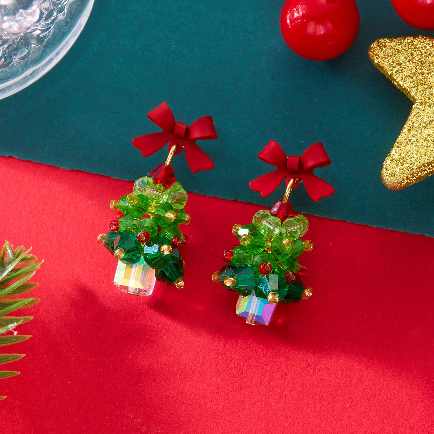 Light Luxury Crystal Beaded Christmas Tree Red Bow Earrings for Women Santa Claus Drop Earrings Charms New Year Festival Jewelry