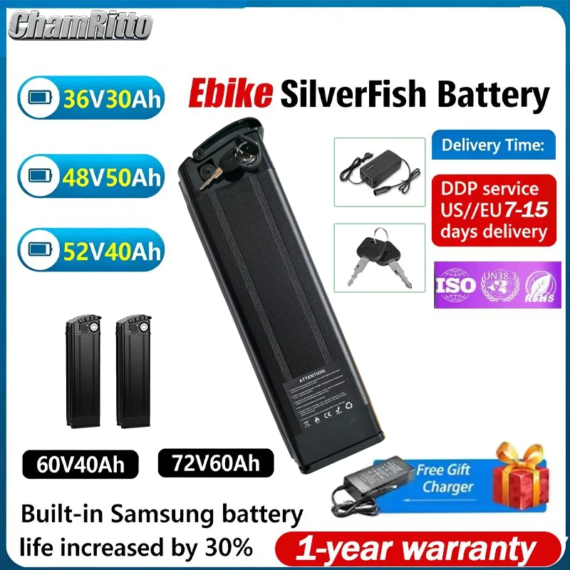 36v 48v 52v Electric Bicycle SilverFish Akku 60v72v 20 24ah 30ah 40ah 50 60ah Battery E-bike Bafang 1000w 2000w Lithium Batterie