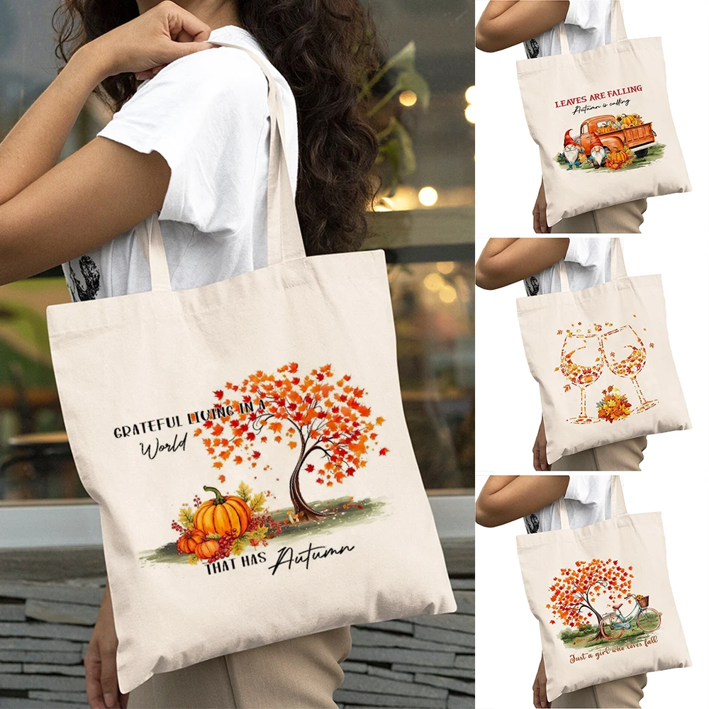 

Grateful Autumn Tree Lady Shopper Bags Double Print Fall Leaf Truck Gnome Women Shoulder Handbag Autumn Wine Girl Shopping Bag