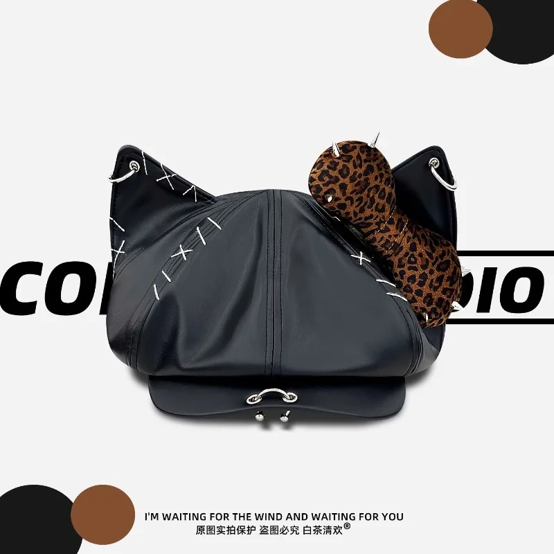 

Korean Version Ins Niche Bow Rivet Cat Ear Berets Y2K Spring and Autumn Street Trend Versatile Personality Newsboy Hats Women