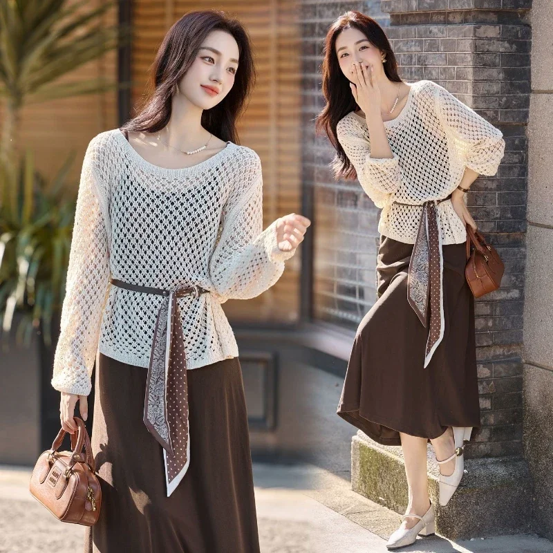 

Women's Spring Summer Korean Hollow Out Knit Tops Sling Dress Two Piece Set Lady Graceful Pullover Camisole Dresses Outfits 2026