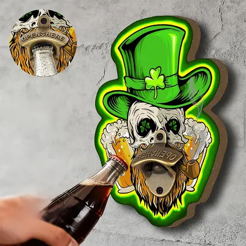1 Bottle Opener with Wooden Base, Hanging Wall Mounted Bottle Opener, 2D Flat, Home Bar Decoration