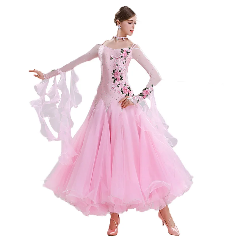 Green Ballroom Dance Dress Women\'s Performance Waltz Dancing Clothes Rhinestone Long Sleeves National Standard Modern Dancewear