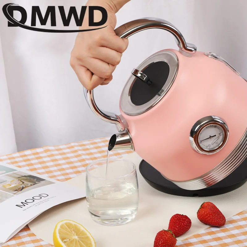 DMWD 220V Retro Electric Kettle With Thermometer 1.7L Large Capacity Water Fast Boiling Teapot Stainless Steel Linner Kettles