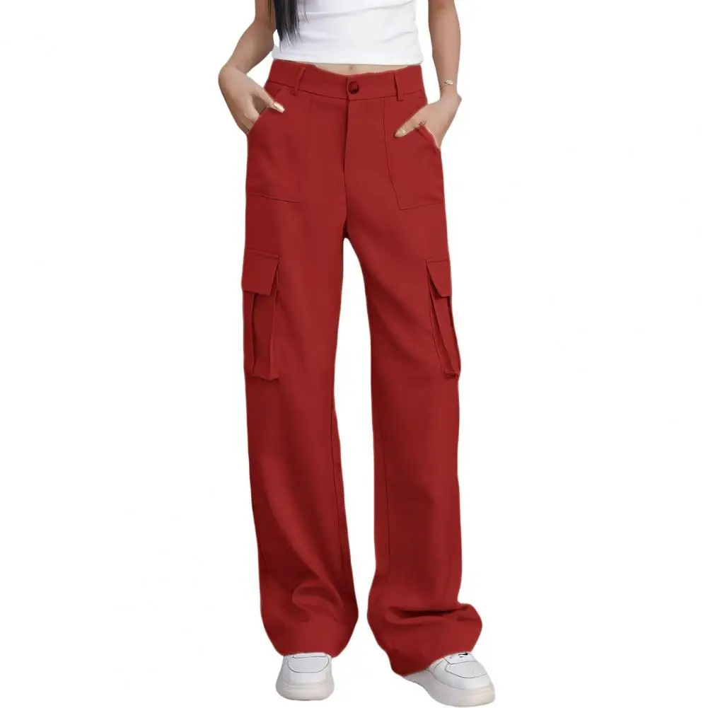 Pantalones Cargo para mujer, pantalones Cargo elegantes de cintura alta con botón y cremallera, pantalones holgados de Color sólido para una larga duración